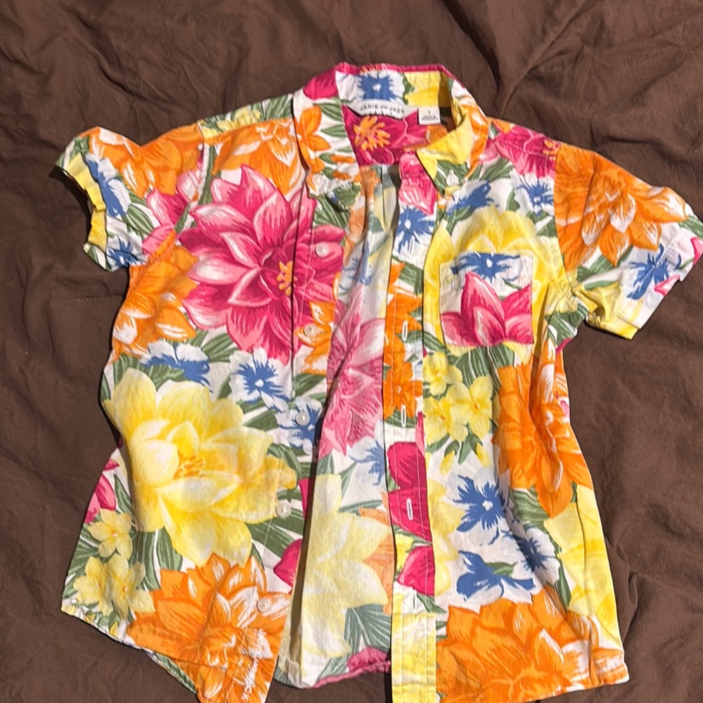 Janie and Jack Orange Pink Button Down Shirt Vibrant Floral